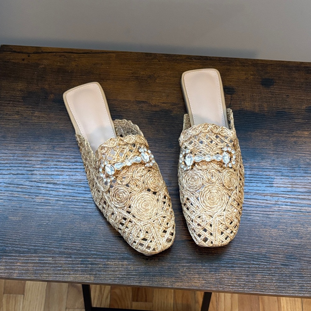 SHEIN Gold Woven Mule Slides with Crystal Accents